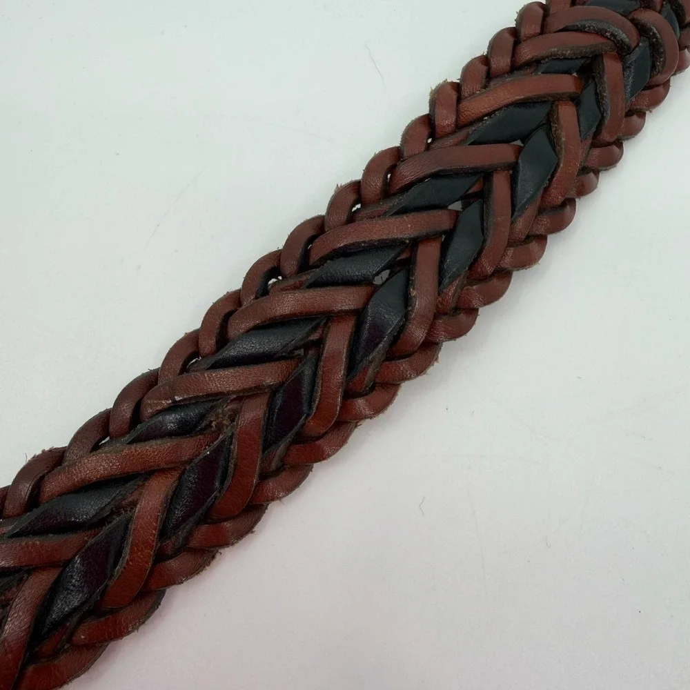 Vtg Woven Leather Belt Mens 40 Brown Black Braided Solid Brass Buckle Italy USA